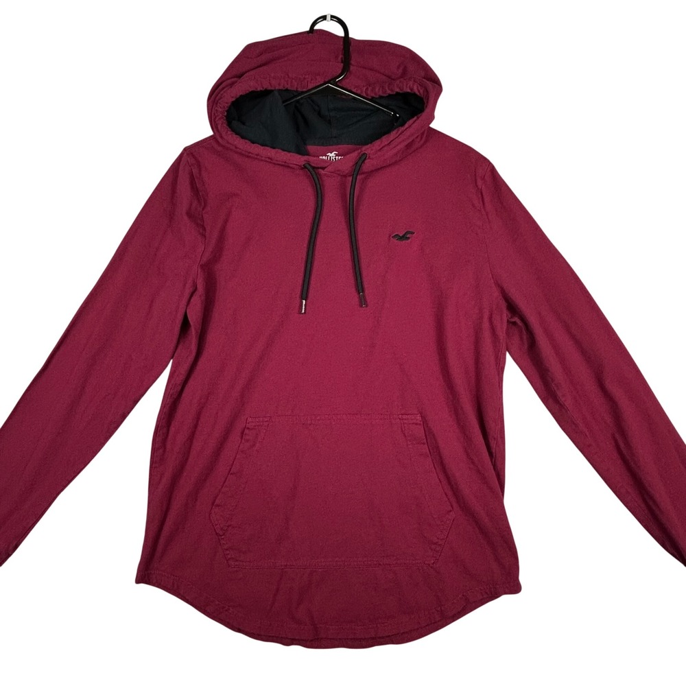 Hollister Men Burgundy Hooded Tee Long Sleeve Pocket‎ Logo Size M